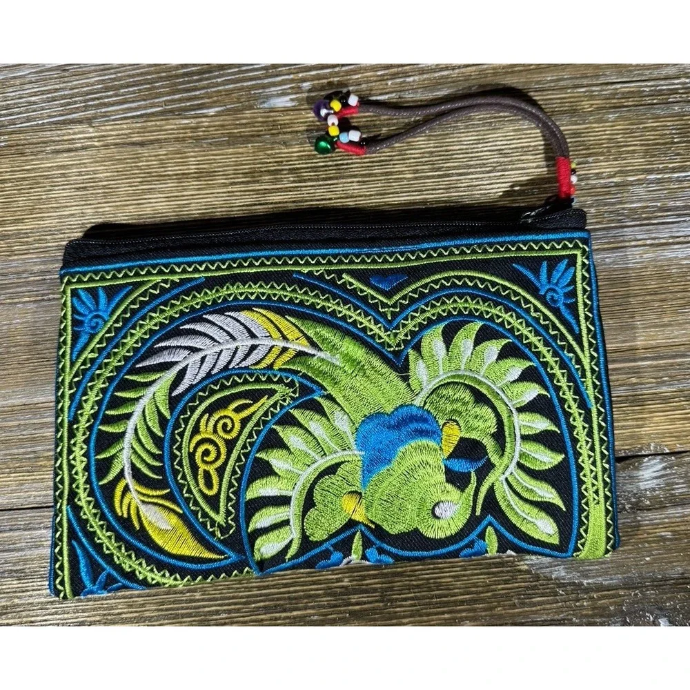 Embroidered‎ Boho Mexican Flowers Black Multi Fabric Clutch Zip Wristlet